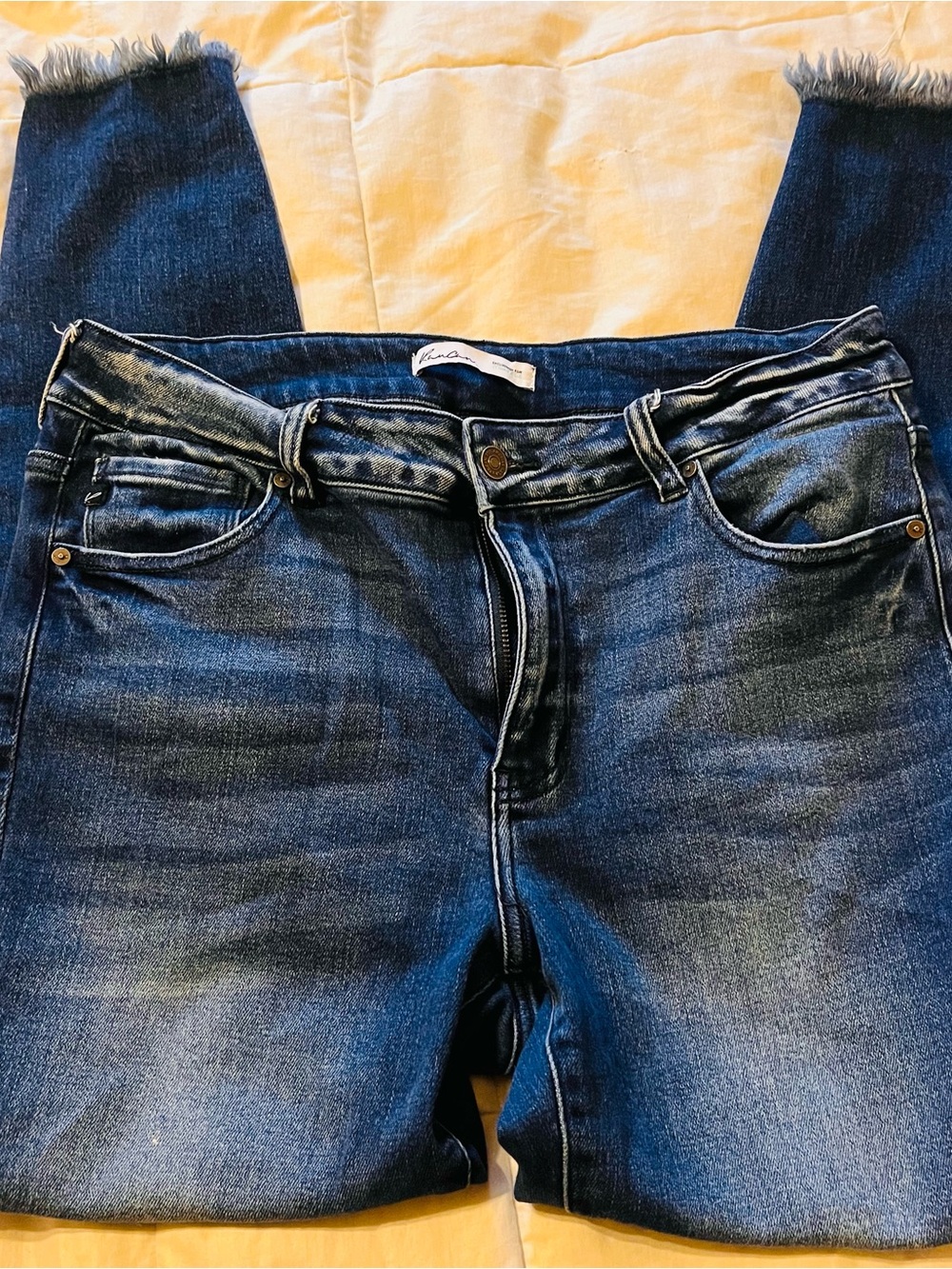 KanCan Dark Blue Slim Straight Jeans with Frayed Ankles